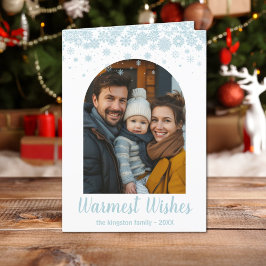 Minimalistische blauwe sneeuwvlok gebogen foto feestdagen kaart