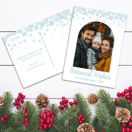 Minimalistische blauwe sneeuwvlok gebogen foto feestdagenkaart