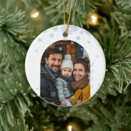 Minimalistische blauwe sneeuwvlok gebogen foto keramisch ornament