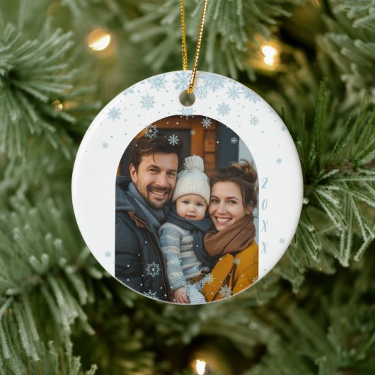 Minimalistische blauwe sneeuwvlok gebogen foto keramisch ornament (Boom)