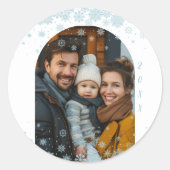 Minimalistische blauwe sneeuwvlok gebogen foto ronde sticker (Voorkant)