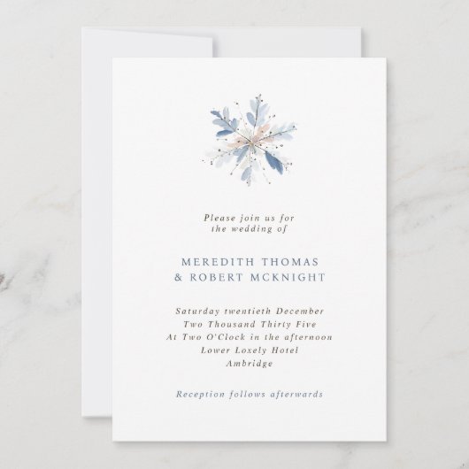 Minimalistische Blauwe Sneeuwvlok Winter Wedding Kaart (Voorkant)
