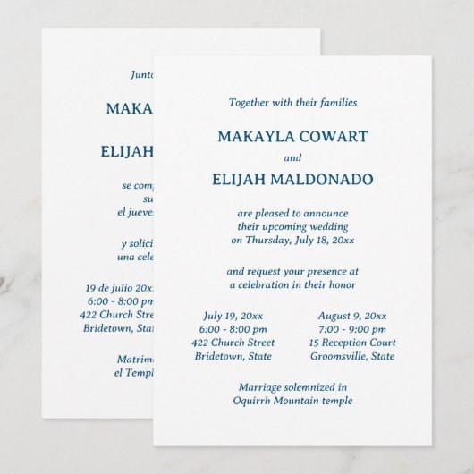 Minimalistische blauwe Spaans-Engels twee receptie Kaart (Voorkant / Achterkant)