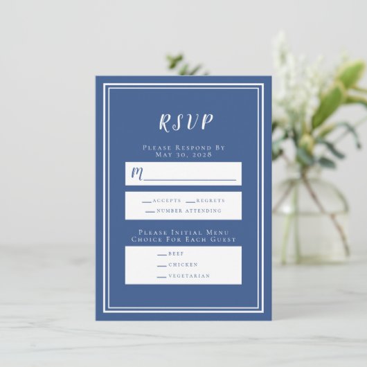 Minimalistische Blauwe & Witte Huwelijks RSVP Menu (Staand voorkant)