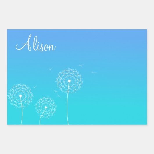 Minimalistische Blauwe Witte Paardenbloem Naam Moo Inpakpapier Vel (Voorkant 3)