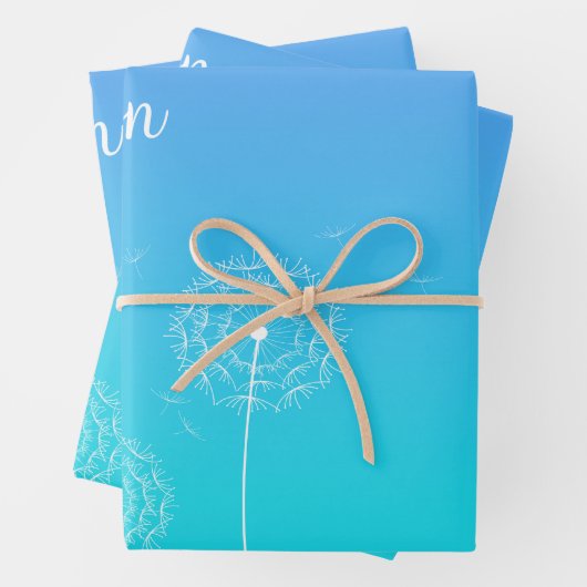 Minimalistische Blauwe Witte Paardenbloem Naam Moo Inpakpapier Vel (In situ)