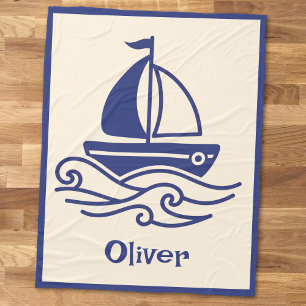 Minimalistische Blauwe Zeilboot Zeilen Maritiem Fleece Deken