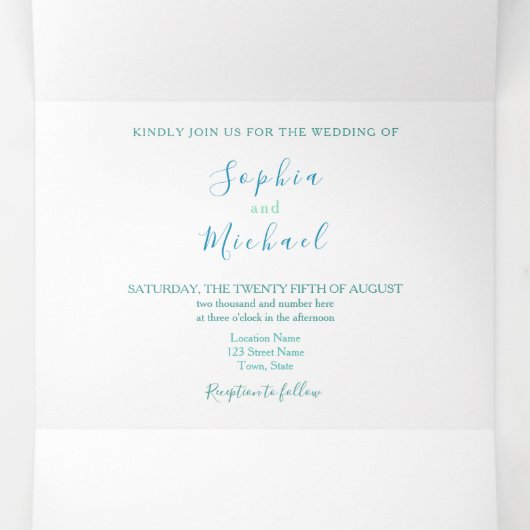 Minimalistische Blauwgroen fotobruiloft Drieluik Uitnodiging (Binnenkant midden)