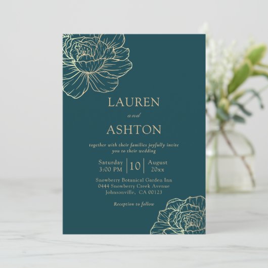 Minimalistische Blauwgroen gouden bloemenbruiloft Kaart (Staand voorkant)