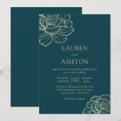 Minimalistische Blauwgroen gouden bloemenbruiloft Kaart (Voorkant / Achterkant)