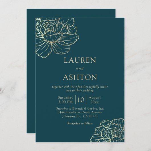 Minimalistische Blauwgroen gouden bloemenbruiloft Kaart (Voorkant / Achterkant)
