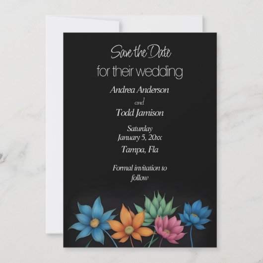Minimalistische bloem contrast zwarte bruiloft save the date (Voorkant)