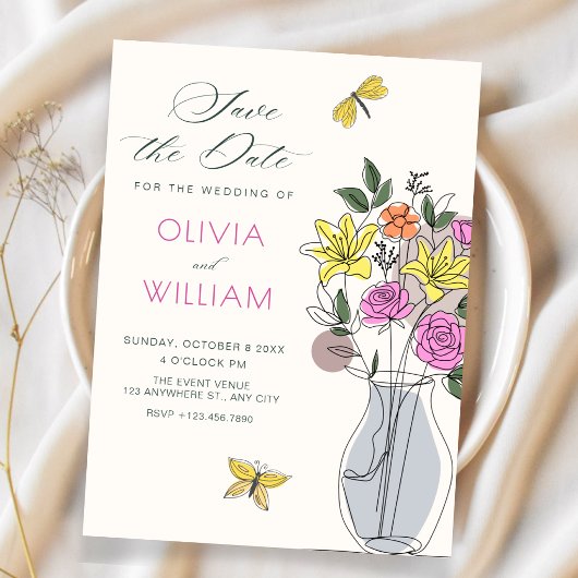 Minimalistische bloemboeket kunst bruiloft save the date