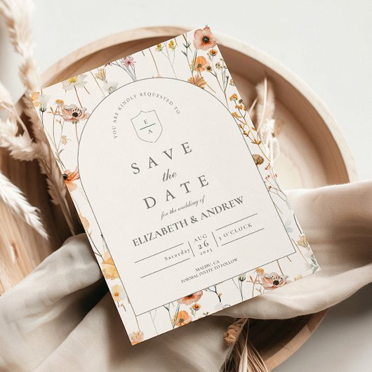 Minimalistische bloemboog bruiloft save the date