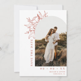 Minimalistische bloemboog foto terracotta bruiloft save the date