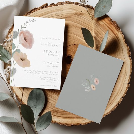 Minimalistische Bloemen Blush Sage Wedding Kaart