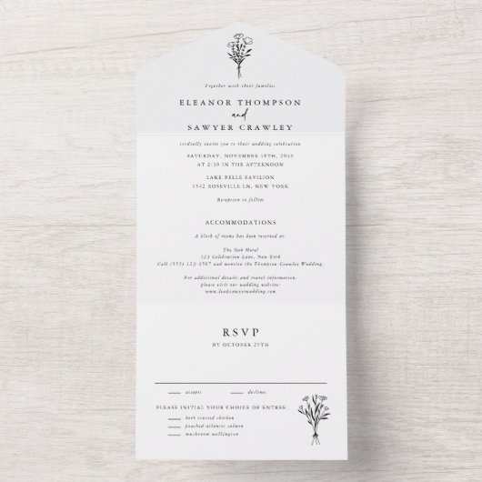 Minimalistische Bloemen Boeket Line Art Wedding All In One Uitnodiging (Binnen)