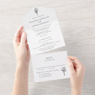 Minimalistische Bloemen Boeket Line Art Wedding All In One Uitnodiging
