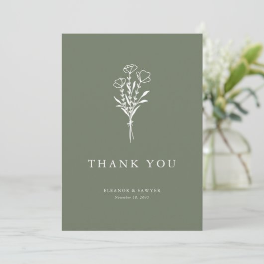 Minimalistische Bloemen Boeket Taupe Green Wedding Bedankkaart (Staand voorkant)