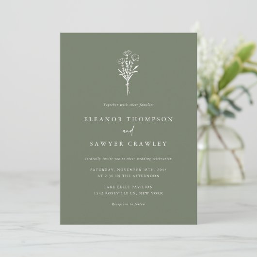Minimalistische Bloemen Boeket Taupe Green Wedding Kaart (Staand voorkant)