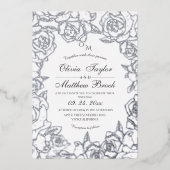 Minimalistische Bloemen Zilverfolie en zwarte brui Folie Uitnodiging (Voorkant)