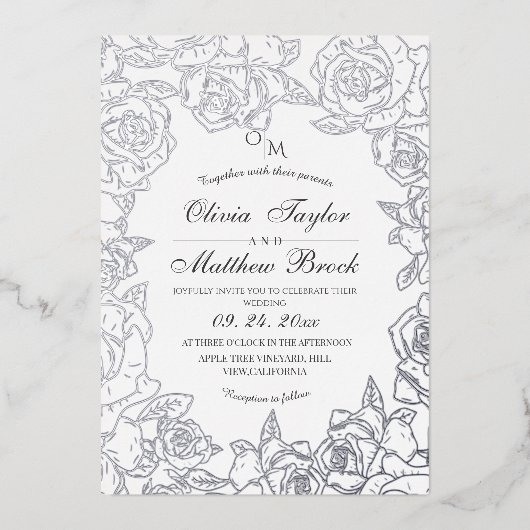 Minimalistische Bloemen Zilverfolie en zwarte brui Folie Uitnodiging (Voorkant)