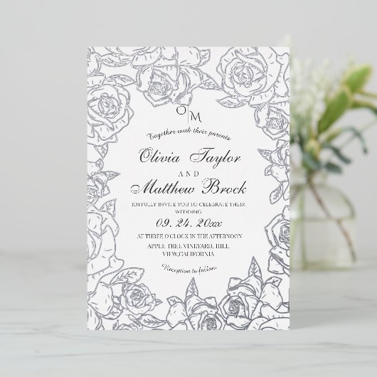 Minimalistische Bloemen Zilverfolie en zwarte brui Folie Uitnodiging (Staand Voorkant)