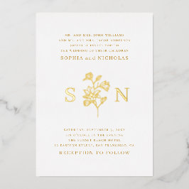 Minimalistische bloemenbruiloft | Luxe gouden mono Folie Uitnodiging