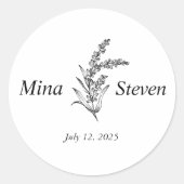 Minimalistische bloemenbruiloft zwart-wit ronde sticker (Voorkant)