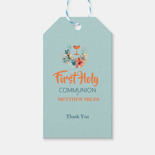 Minimalistische bloemeneerste katholieke communie cadeaulabel (Voorkant)