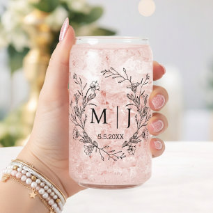 Minimalistische bloemenkranz monogram bruiloft blikvorm glas