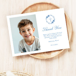 Minimalistische Bloemenkruis Eerste Communie Foto Bedankkaart