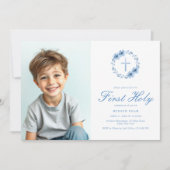 Minimalistische Bloemenkruis Jongens Eerste Commun Kaart (Voorkant)