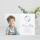 Minimalistische Bloemenkruis Jongens Eerste Commun Kaart (Staand voorkant)