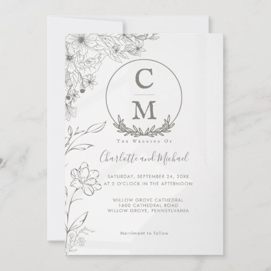 Minimalistische Bloemenmonogram bruiloft Kaart (Voorkant)