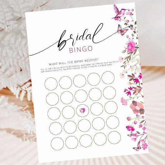 Minimalistische Bloemenrobijnen Bruids Bingo spel