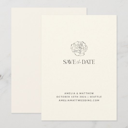 Minimalistische Bloemenschets Romantische Ivoren H Save The Date (Voorkant / Achterkant)