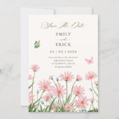 Minimalistische bloementuin bruiloft save the date (Voorkant)