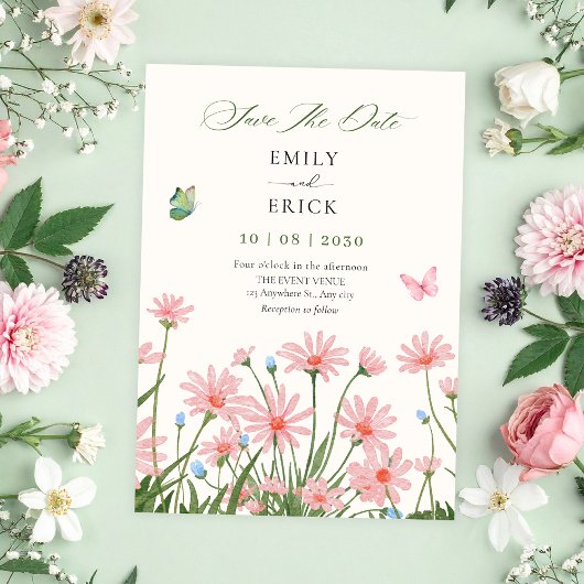Minimalistische bloementuin bruiloft save the date