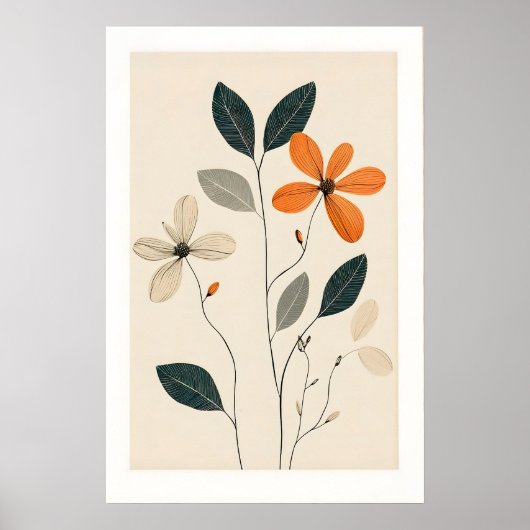 Minimalistische bloemige kunstprint beige, groen & poster (Voorkant)