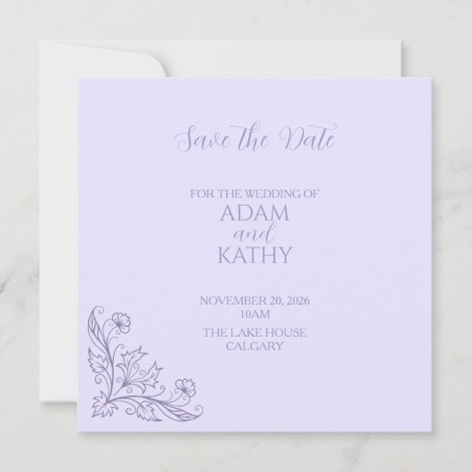Minimalistische bloemige lavendel trouwkaart 'Save Save The Date (Voorkant)