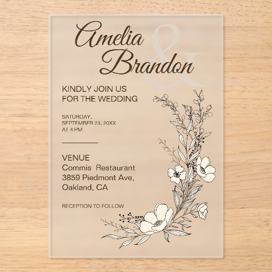 Minimalistische bloemige lijkkunst bruiloft acryl uitnodigingen (Voorkant)