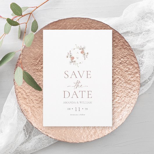 Minimalistische bloemige monogram Save the Date ka Kaart