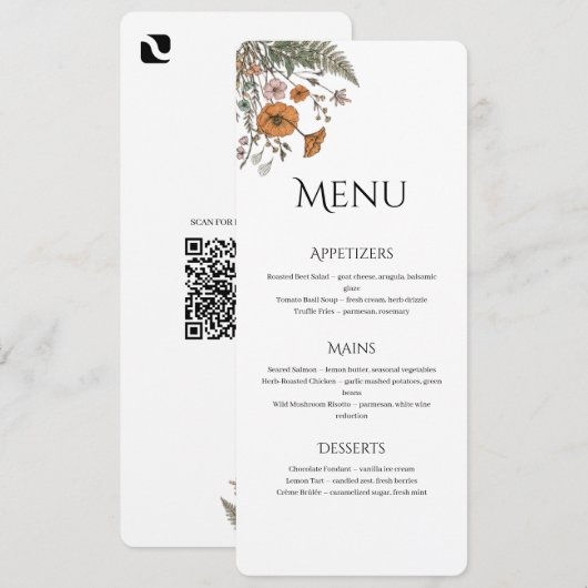 Minimalistische Bloemige Restaurant- of Bruiloftsm Programmakaart (Voorkant / Achterkant)