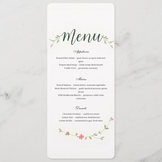 Minimalistische Bloemige Restaurant- of Huwelijksm Programmakaart (Voorkant)