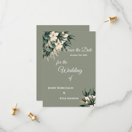 Minimalistische bloemige saliegroene 'Save The Dat Save The Date (Voorkant / Achterkant in situ)