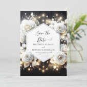Minimalistische Bloom White Roses bruiloft Save The Date (Staand voorkant)