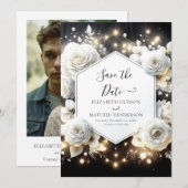Minimalistische Bloom White Roses bruiloft Save The Date (Voorkant / Achterkant)