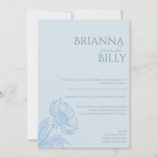 Minimalistische Blue Floral bruiloft uitnodiging (Voorkant)