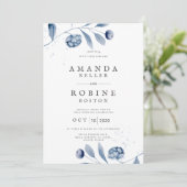 Minimalistische Blue Floral bruiloft uitnodiging (Staand voorkant)